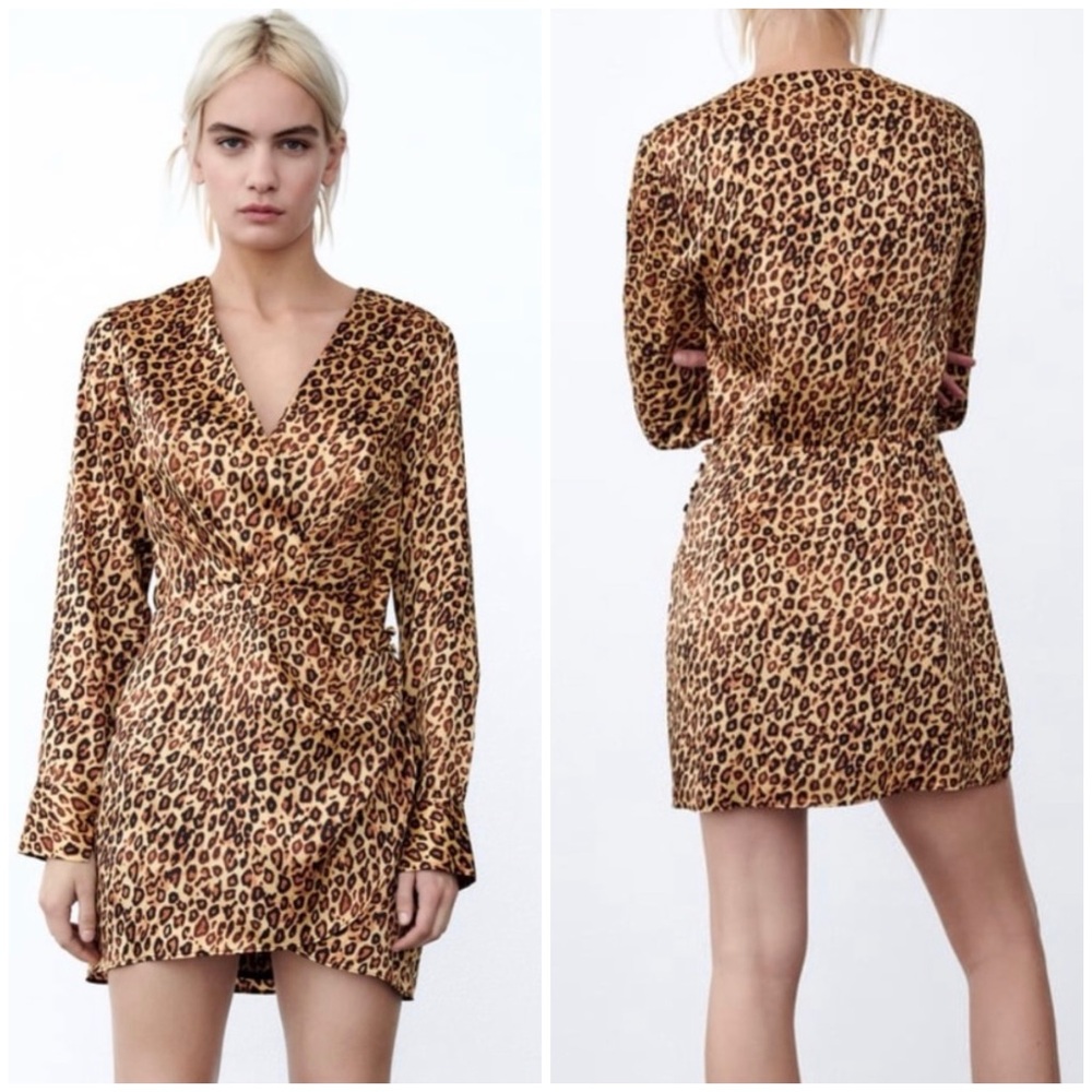 NWT Zara Leopard Animal Print V-neck Long Sleeves Satin Mini Dress size S
